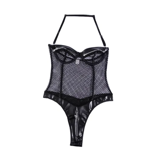 Hod Health & Home Sexy Black Zipper Fishnet Halter Neck Open Crotch Bodysuit Women - S