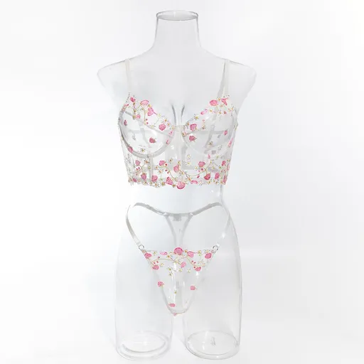 House Of Dasein Sweet Floral Embroidered Boned Camisole And Thong Set For Women's Sexy Hollow Out Lingerie - White - M