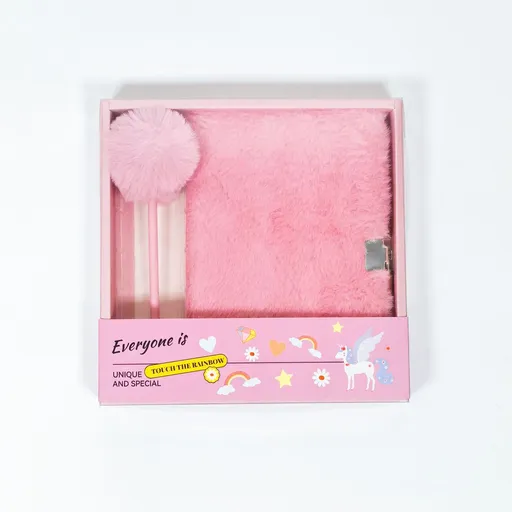 Pink Plush A5 Notebook and Pom Pom Pen Gift Box with Privacy Lock & Key - Soft Faux Fur Diary, Secure Personal Journal, Perfect Gift-Ready Stationery for Girls and Teens