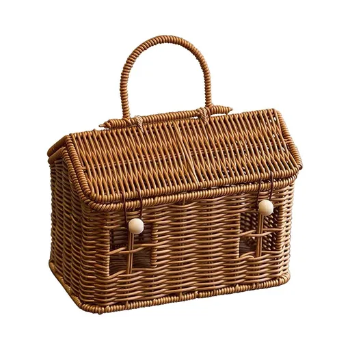 Small Rattan House Shaped Basket with Lid, Mini Garden Harvest Plastic Wicker Shelf Organizer, Decorative Hand Woven Doll House Picnic Basket
