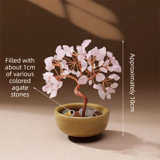 Natural Pink Crystal Money Tree with Agate Basin & Adjustable Wire Branches - Desktop Feng Shui Decor for Wealth and Prosperity
