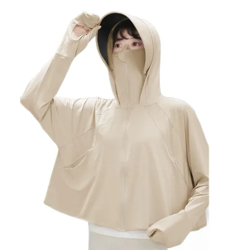 Khaki UPF50+ Sun Protection Hoodie for Women - Breathable Polyester Long Sleeve Cover-Up with Detachable Brim and Face Mask, Lightweight 300g Design for Outdoor Cycling Beach Travel