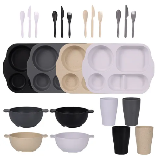 Black, Dark Grey, White, Beige Durable Eco-Friendly Wheat Straw Dinnerware Set - 24 Pieces with Plates, Bowls, Cups & Cutlery