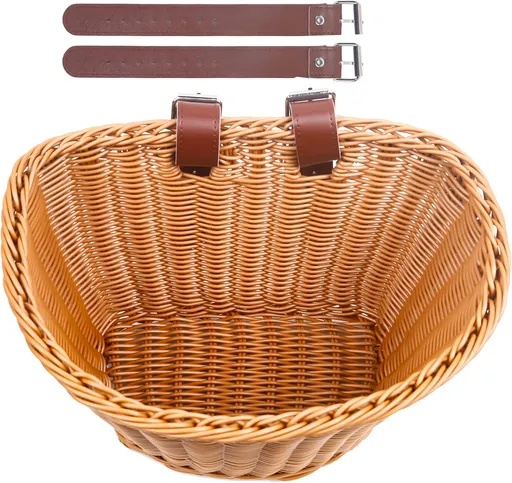 Woven Plastic Front Bicycle Basket with D-Shaped Handlebar Mount and 2 Adjustable Straps for Shopping, Picnic and Daily Storage, Natural