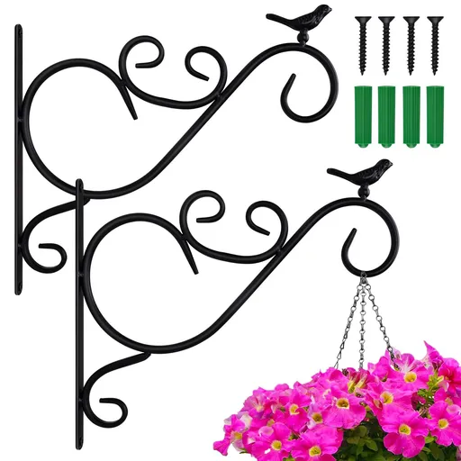 Plant Hook for Hanging Outdoor Inch 2 Pack, Wall Hooks for Hanging Plant Bracket, Black Metal Plant Hangers Outdoor , Potted