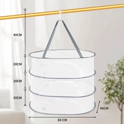 Herb Drying Rack - 40*60cm - 3-tier hanging herb drying net - Drying rack - Drying net - food drying net - hanging mesh net - plant drying rack - with zippers - foldable drying net - for buds, meat, herbs, vegetables, plants, fruit, clothing - white
