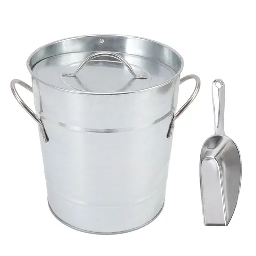 Ice Bucket Round with Ice Shovel Galvanized Sheet Plastic Beer Chiller Bin for Bar Home Wood Color