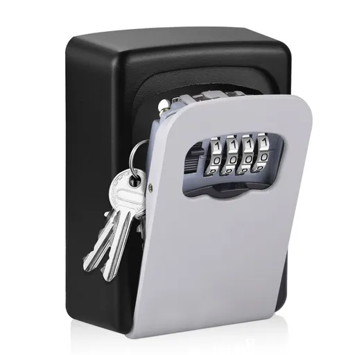 Wall-mounted Key Lock Box, Outdoor 4-Digit Weatherproof Lock Box, Large Capacity Lock Box for 5 Keys, Key Safe Storage Box, Indoor & Outdoor Garage Resettable Combination Lock (Gray)