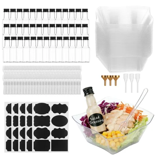 36 Sets Salad Appetizer Cups, Clear Plastic Salad Bowls with Dressing Bottles, Forks, Labels, Funnels, and Droppers, 5 oz Square Plastic Charcuterie Cups, Party Wedding Catering Supplies