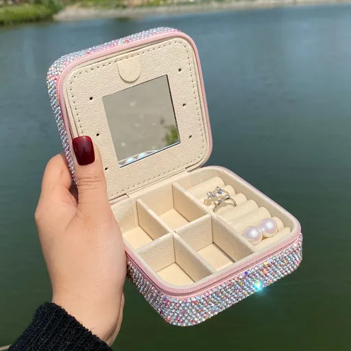 Rhinestone Portable Jewelry Organizer Box with Built-in Mirror Zipper Closure Travel Case for Rings Earrings Bracelets Small Accessories (Pink)