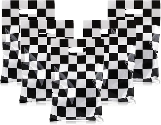 30Pcs Race Car Party Favors Bag Goodie bags Racing in Speed Party Decorations Soccer Theme Black and White Checkered Candy Bags with Handles for Kids Race Car Birthday Party Supplies