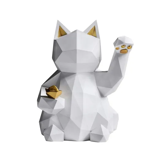 Geometric Lucky Cat Statue Collectible Figurine Feng Shui Successful Career Fortune Charm Good Health Decor,White,S