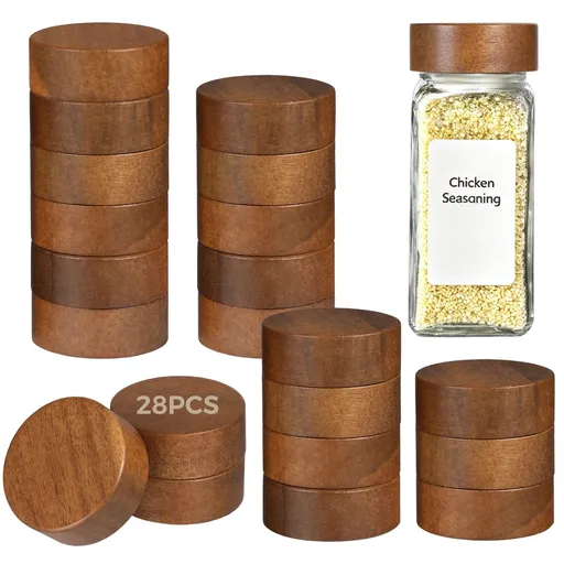 28PCS Wood Jar Lids, Airtight Spice Jars Lids for 4oz and 8oz Spice Jars, 1.6" Inner Diameter Jar Lids Reusable Can Wooden Lids Nice Sealing Kitchen Jars