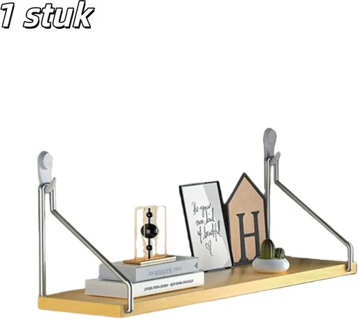 No-Drill Wood-Look Floating Wall Shelf with Metal Rails, Adhesive Hooks and Screws, 40 x 15 cm
