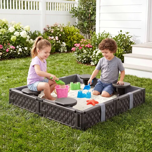 Keezi Kids Sandpit Sandbox With Cover 4 Seats Outdoor Sand Box Brown
