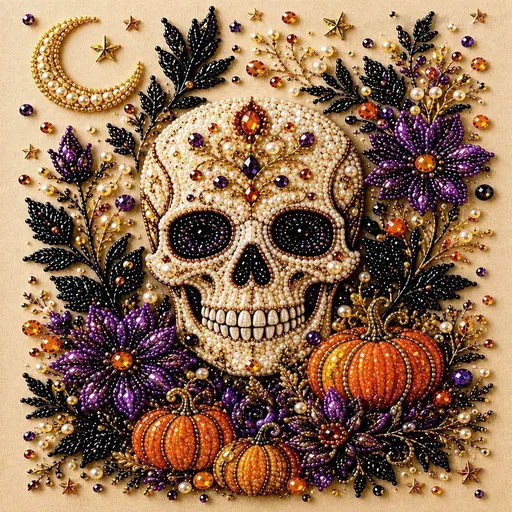 Themed Acrylic Pearl Painting Kit 20x20cm Stretched Frame Pearl Tools Skull & Cute Ghost Pattern Suitable for Halloween Gifting