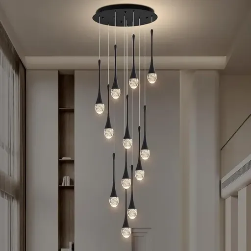 BAMDECOR LT08 12-Heads Solid Crystal Teardrop Chandelier High Ceiling Foyers Entrance Chandeliers Staircase Long Pendant Light (Black)