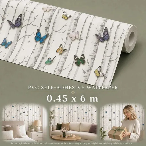 Self Adhesive Decor Wallpaper 0.45x6M, Colorful Butterfly Print, Fresh Bedroom Wall Decor