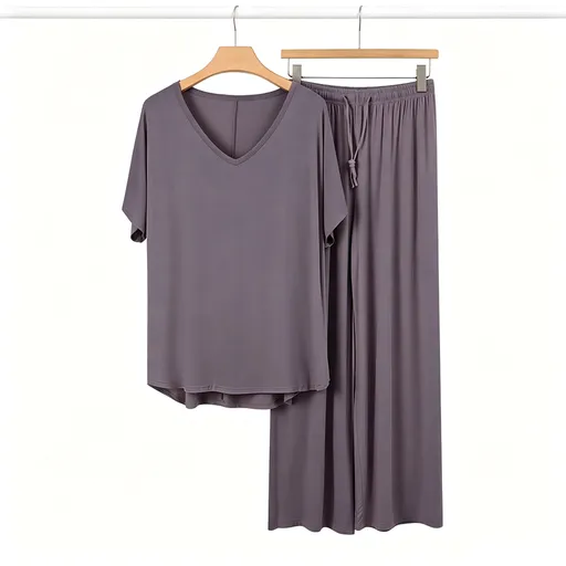 Grey Purple Women's Modal Lounge Set Pink V Neck Short Sleeve Top and Wide Leg Pants, Lightweight Breathable Summer Sleepwear, Relaxed Homewear for 45-72.5 kg