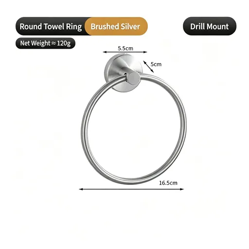 Round Towel Ring - Drill Mount (Brushed) | Stainless Steel Drilled Towel Ring, Holiday Sturdy Towel Rack for Family Bathroom