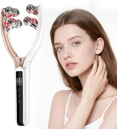 V-shaped Facial Massage Roller, 8 Stainless Steel Balls, Two-tone Design, LCD Screen, 5 Speed Levels, Type-C Charging, Smooth Gliding for Face & Neck, Compact Beauty Tool (White)