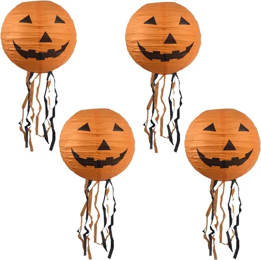 4 Pcs Halloween Paper Pumpkin Lanterns, Foldable Hanging Decorations with Ribbon Tails, 20 cm