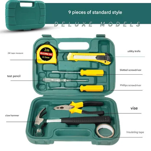 Green 9 Piece Set -Multi-Purpose Home & Car Tool Kit - Durable Blow-Molded Case, Utility Knife, Tape Measure, Pliers, Hammer, Screwdrivers, Allen Keys - Compact Emergency Repair Set for DIY and Auto Maintenance