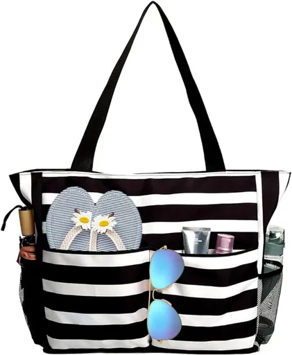 Beach Tote Bag With Zipper, Large Capacity Polyester 8 Pocket Foldable Carryall For Women Travel Pool Gym, Black White Stripe, 43 x 38 x 15 cm