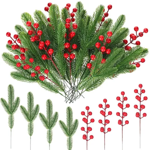Christmas Artificial Pine Branches Christmas Holly Berries Faux Christmas Picks Artificial Berries Greenery Artificial Pine Needle for Xmas Tree DIY Crafts