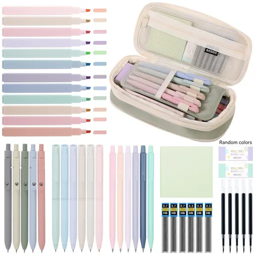44 Piece School Supplies Set with Pencil Case Pastel Highlighters and Gel Pens Vegetable Print, 22 x 10.5 x 6.5 cm