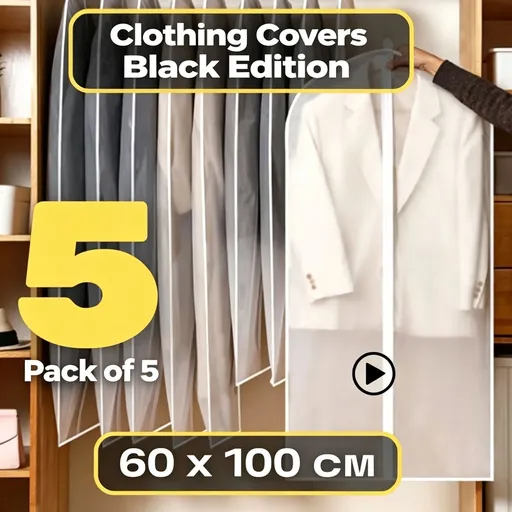White Trim | 5 Pack | 60x100cm | Washable Thickened Blazer Dust Cover Set, Clear Hanging Garment Bags for Ladies’ Business Wear, Xmas Ladies’ Commute Wear Storage Set