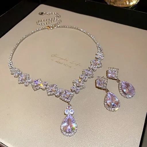 High-Brilliance Zircon Necklace and Earring Set, Evening, Wedding, and Party Jewelry for Women