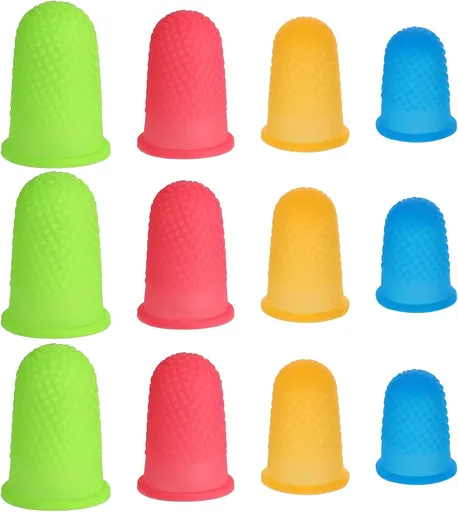 12pcs Rubber Finger Thimbles 4 Sizes Colors Silicone Hot Glue Finger Caps Reusable Thumb Guard Protectors Covers Finger Tip Pads Grips for Paperwork Cutting Money Counting Collating Crafts