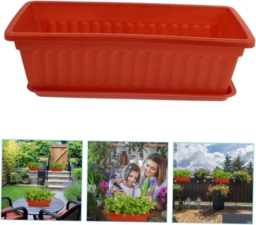 1Pcs Rectangle Planter Box,17.3x7.5x5.5In Watering Plant Container with Drainage Hole,Red Plastic Planters Box for Porch,Yard