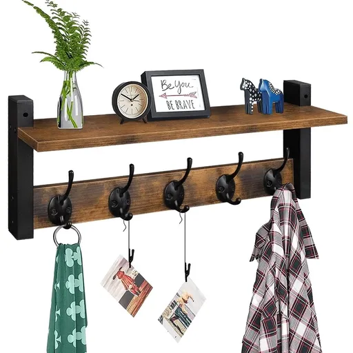 Wall Hooks with Shelf, Wood Coat Rack with Shelf Wall-Mounted, Entryway Hanging Shelves with 5 Metal Hooks for Clothes Hats Towel Purse Robes, Bathroom Mudroom Bedroom, Rustic Brown Black