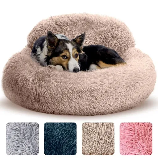 Cozy Plush Donut Pet Bed with Raised Rim, Washable Faux Fur Cat & Dog Couch, Winter Warm Supportive Nest for Small to Large Breeds (L, Brown)
