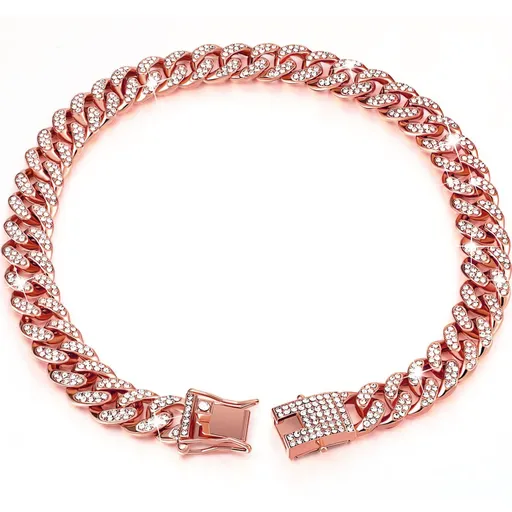 Sparkling Diamond-Studded Cuban Chain Pet Collar – Hip-Hop Bling Necklace for Cats and Small Dogs, Adjustable Fit, Gold, Silver, Rose Gold, or Pink Crystal Accents, Bold Fashion Statement for Your Furry Trendsetter (RoseGold, 20cm（8in）)