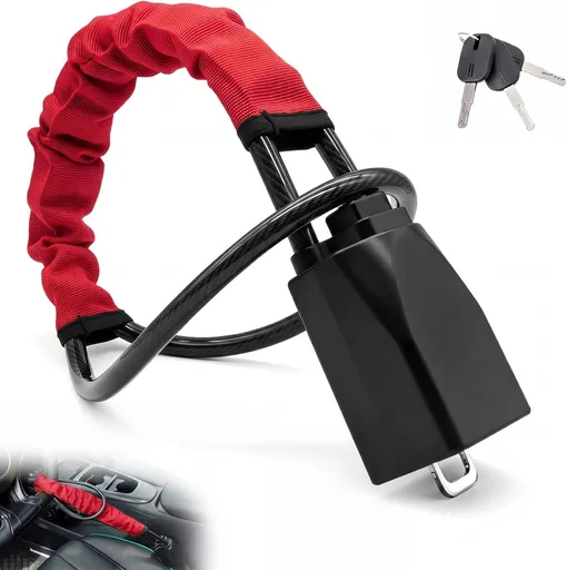 Red 28 Inch Car Steering Wheel Anti Theft Lock - Universal Steel Cable Anti Shear Seat Belt Lock with 3 Keys and Protective Sleeve, Waterproof and Rustproof