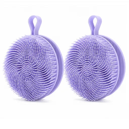 2 Pcs Blue Double-Sided Silicone Body Scrubber - Dual-Texture Bath Brush for Exfoliating, Lathering & Scalp Massage, Anti-slip strip & Hanging Loop