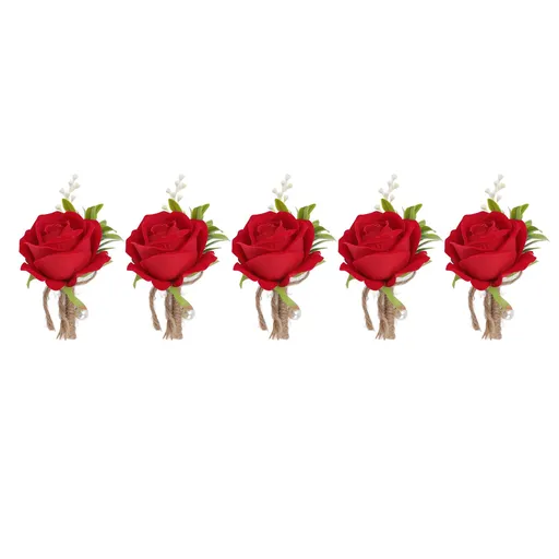 5PCS Wedding Boutonniere Pin Fixed Plastic Artificial Flower Corsage for Bride and Groom Red