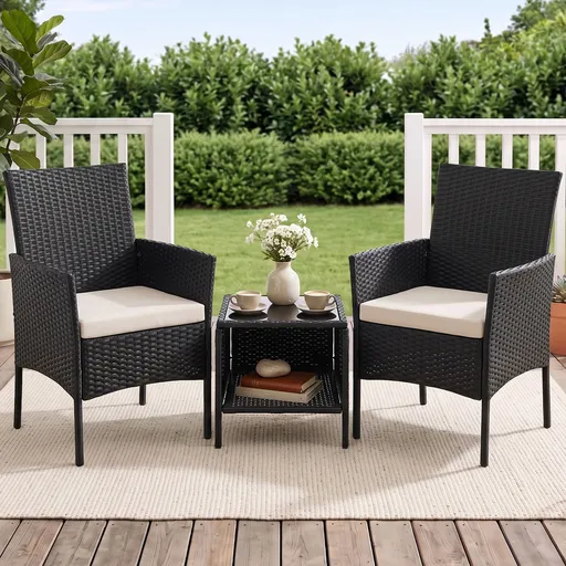 Gardeon 3PC Outdoor Bistro Set Patio Furniture Wicker Chairs Table Cushion All Black