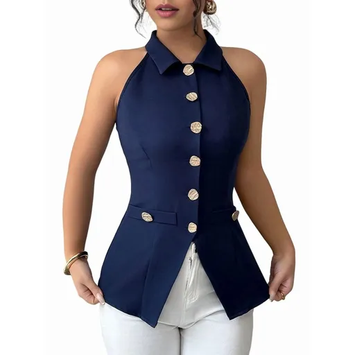 Women'S Halter Neck Vest with Lapel Collar and Button Down Design for Business Casual Wear XXL