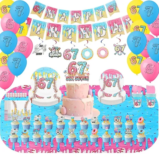 6 7 Birthday Party Decoration Set Reusable 6 7 Happy Birthday Decor Supplies with Balloon Banner Tablecloth Cake Topper for Themed Gathering
