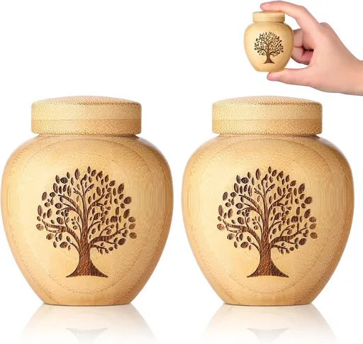 Small Urns for Keepsake Sharing Made of Bamboo, Mini Urn with Tree of Life Pattern Engraved Biodegradable Urn for Human Pet - Wood - Size 2Pcs