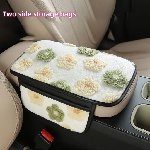 Plush Car Center Armrest Box Cushion, with Storage Bags on Both Sides, Can Store Receipts, Credit Cards, Bills, Warm Hands in Autumn And Winter, Car Interior Additions Double storage bags Beige Color