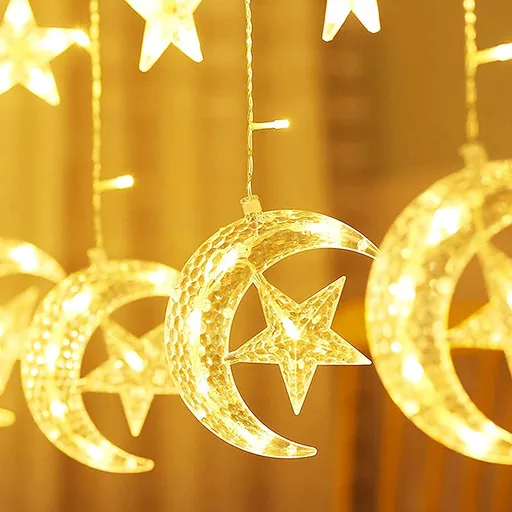 LEDs String Lights for Ramadan Decor, Moon Star Curtain String Lights 2 Modes Fairy String Light Hanging Decorations for Birthday