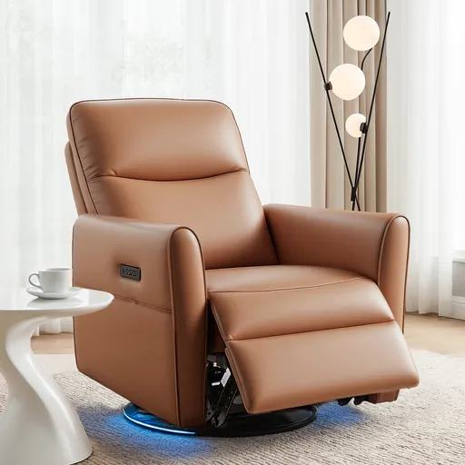Artiss Swivel Recliner Chair PU Leather Rocking Reclining Sofa with Charging Ports LED Brown