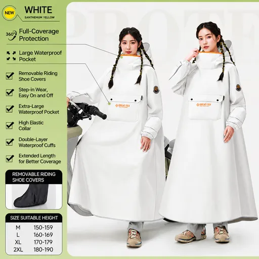 White Full Coverage & Extended Cycling Hooded Rain Poncho with Detachable Shoe Covers, 2XL Size – Thickened Waterproof Oxford Motorcycle Raincoat with Face-Protection Elastic Collar, Large Storage Pocket and Foldable Sleeve Cover for Men Women Outdoo