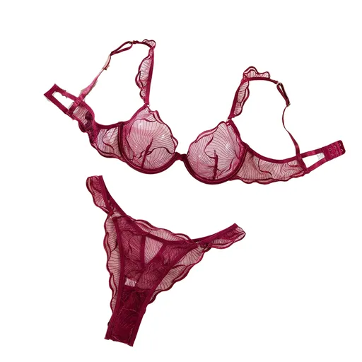 Underwear Sexy Thin Transparent Pure Desire Embroidery Large Chest Minimizer Push Up Bra And Panty Set - Angora Red - Xl