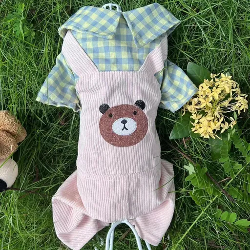 Dog Clothes, Bear Tie Plaid Four-Legged Jumpsuit Yellow (Button Style), Suitable for Small Dogs, XL